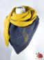 Preview: Musselintuch Dreiecktuch handmade bestickt XL senf anthrazit Feder Puenktchen