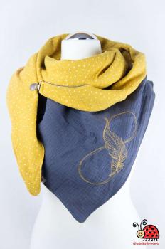 XL-Musselintuch Herbst Winter senf grau Unendlichkeit Feder filigran