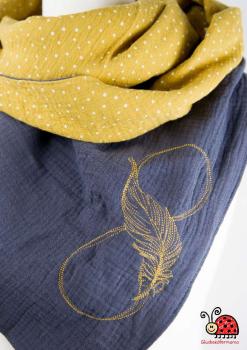 Musselintuch XL Dreieck Handmade anthrazit senf Feder