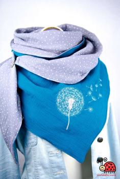 Musselintuch Dreiecktuch handmade bestickt XL petrol grau Puenktchen