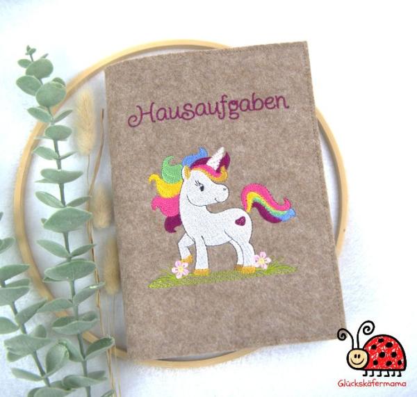 Huelle fuers Hausaufgbenheft Geschenk Schuleinführung Einhorn rosa Handarbeit