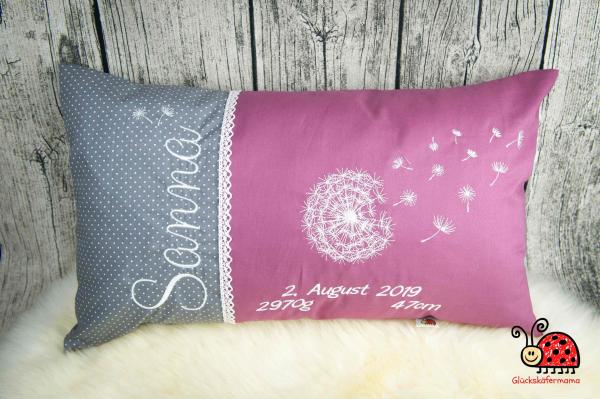 Namenskissen / Geburtskissen mit zarter Pusteblume, inkl. Füllkissen, 30x50cm