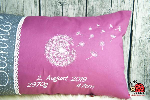 Namenskissen / Geburtskissen mit zarter Pusteblume, inkl. Füllkissen, 30x50cm