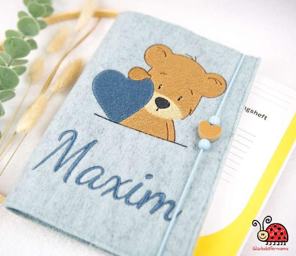 U-Heft Wollfilz Teddy Herz blau handgemacht