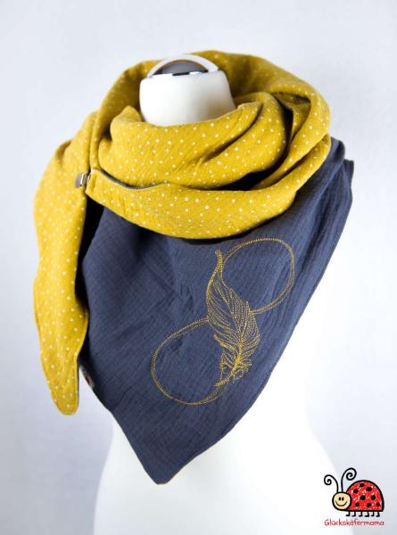 Musselintuch Dreiecktuch handmade bestickt XL senf anthrazit Feder Puenktchen