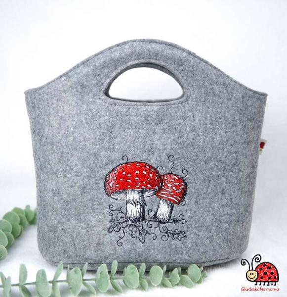 Shopper Einkaufstasche Stickzeug Aufbewahrung Tasche Filz Fliegenpilz Handgemacht