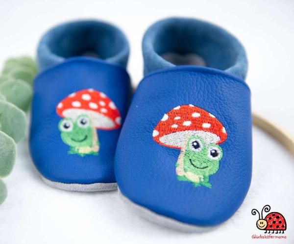 handgemacht Hausschuhe Leder Kita Frosch mit Fliegenpilz unisex