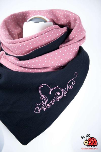 Musselintuch Dreiecktuch handmade bestickt XL schwarz-rosa